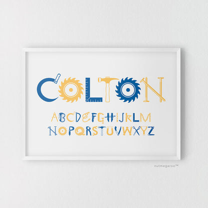 Construction Personalized Baby Boy Nursery Art Print in Blue and Tangerine