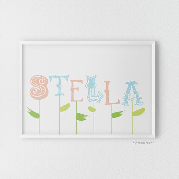 spring blooms personalized name nursery art print for girls in pink & sky blue