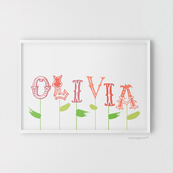 spring blooms personalized name nursery art print for girls in papaya reds