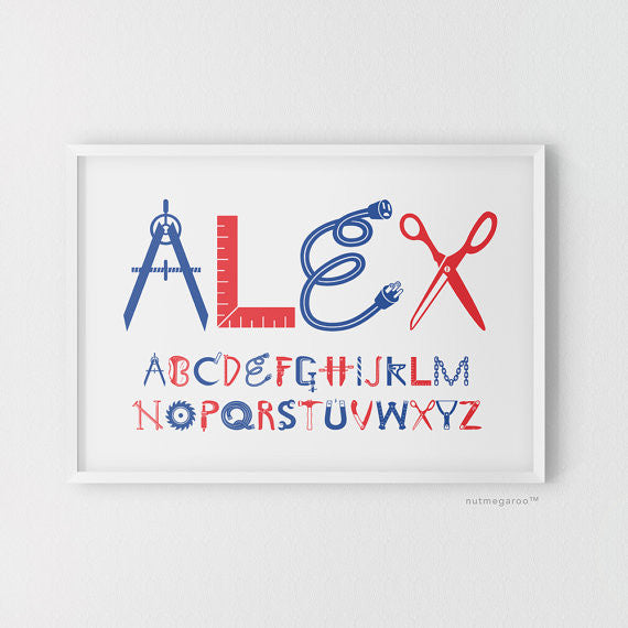 Construction Personalized Baby Boy Nursery Art Print in Blue and Red