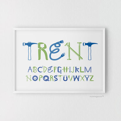 Construction Personalized Baby Boy Nursery Art Print in Blue and Green