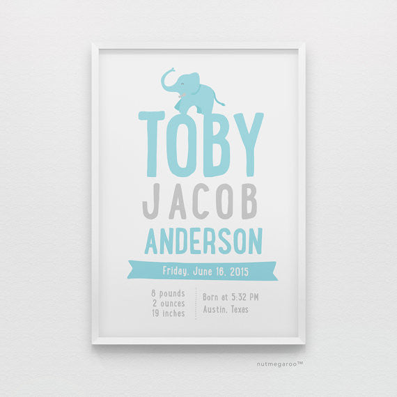 Elephant Birth Stats Personalized Baby Boy Nursery Art Print