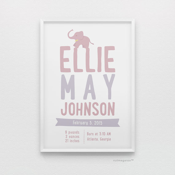 Elephant Birth Stats Personalized Baby Girl Nursery Art Print