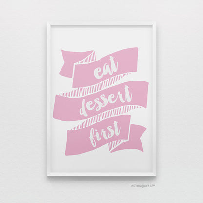 eat dessert first kitchen art print in lavender