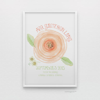 Rose birth stats personalized nursery art print for baby girls