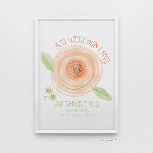 Rose birth stats personalized nursery art print for baby girls