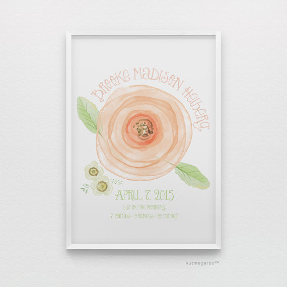 Rose birth stats personalized nursery art print for baby girls