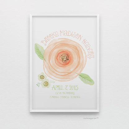 Rose birth stats personalized nursery art print for baby girls