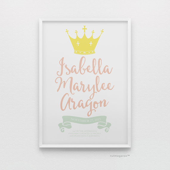 princess birth stats nursery art print