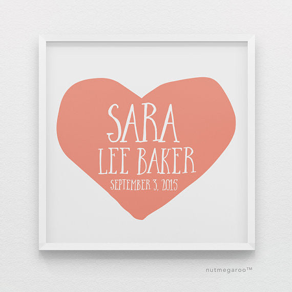 Coral Heart Personalized Baby Girl Nursery Art Print