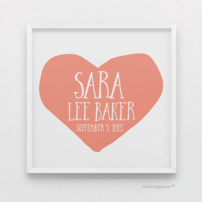 Coral Heart Personalized Baby Girl Nursery Art Print