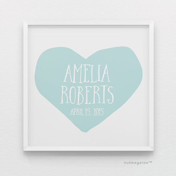 Sky Blue Heart Personalized Baby Girl Nursery Art Print