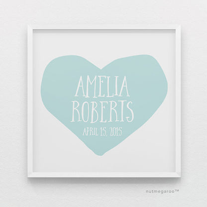 Sky Blue Heart Personalized Baby Girl Nursery Art Print