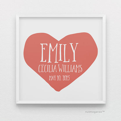 Persimmon Heart Personalized Baby Girl Nursery Art Print