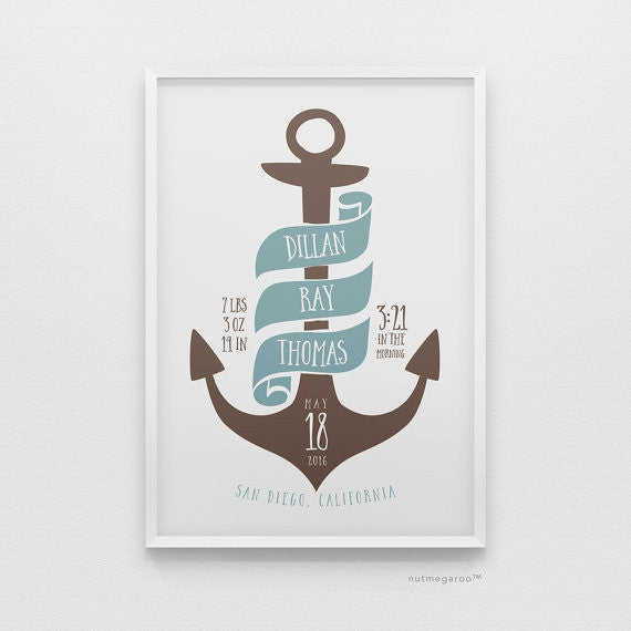 Nautical anchor personalized birth stats baby boy nursery art print