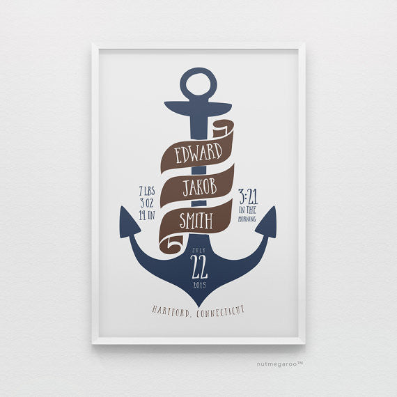 Nautical anchor personalized birth stats baby boy nursery art print