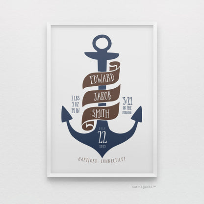 Nautical anchor personalized birth stats baby boy nursery art print