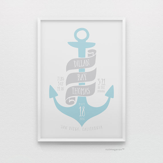 Nautical anchor personalized birth stats baby boy nursery art print