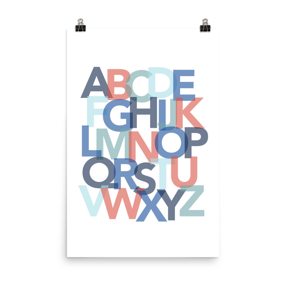 red and blue children's alphabet poster, kids alphabet poster, red and blue nursery art