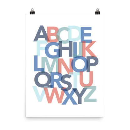 red and blue children's alphabet poster, kids alphabet poster, red and blue nursery art