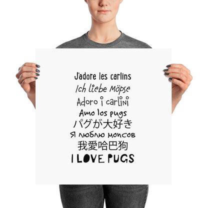 I love pugs in worldwide languages art