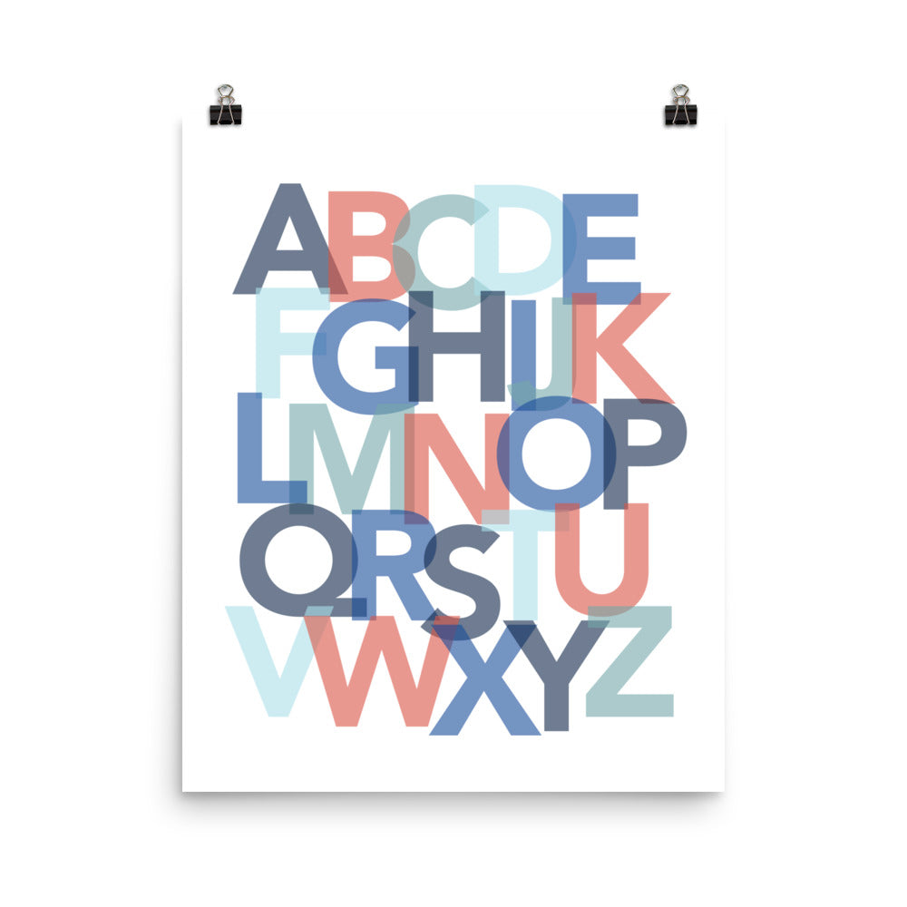 red and blue children's alphabet poster, kids alphabet poster, red and blue nursery art