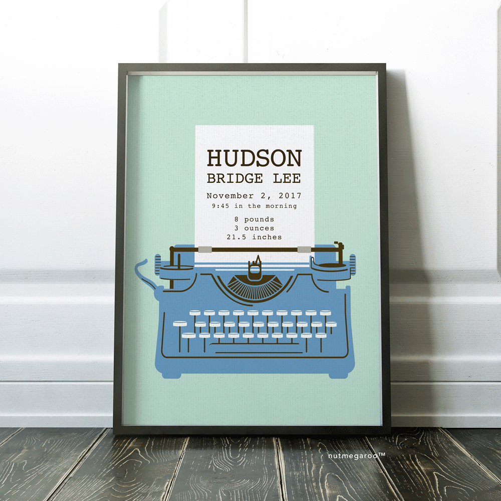 typewriter birth stats nursery art print, personalized newborn baby gift